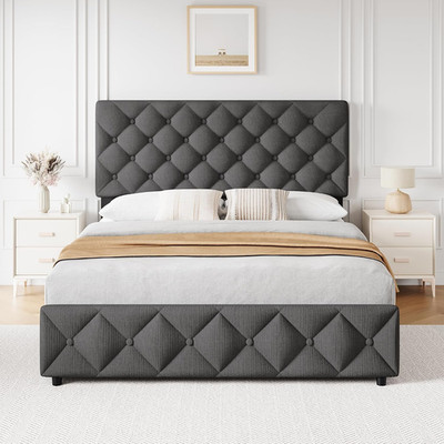 King Size Upholstered Bed Frame with 4 Drawers & Headboard - Grey