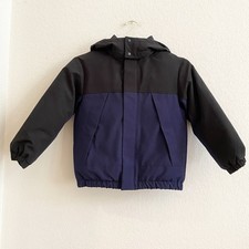 Uniqlo Puffer Coat Boys 5/6 Navy Blue Black Snap Hooded Zip Front Polyester