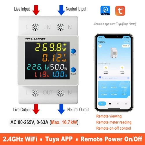 Tuya WiFi DIN‑Rail Smart Single‑Phase Energy Meter 63A AC80‑265V Power Monitor