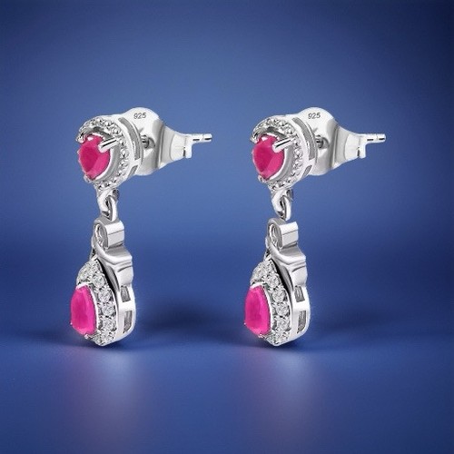 Gemsfield Montepuez Ruby,White Zircon Earrings In Rhodium Sterling Silver - Picture 1 of 2