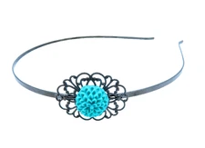 New Women's Black Enamel Head Hair Band Filigree Blue Chrysanthemum Flower
