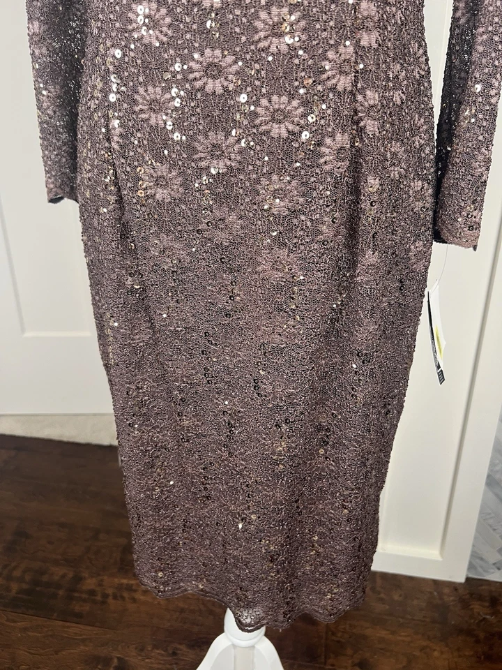 Nuevo con etiquetas Vestido de Cóctel Alex Evenings Marrón Bronce Encaje Lentejuelas con Chaqueta Talla 12 Foto 3 de 4