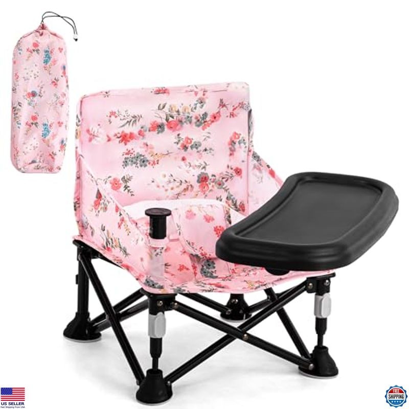 Chic Pink Floral Booster Seat with Removable Tray - Portable Foldable Baby Chair