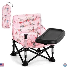 Chic Pink Floral Booster Seat with Removable Tray - Portable Foldable Baby Chair