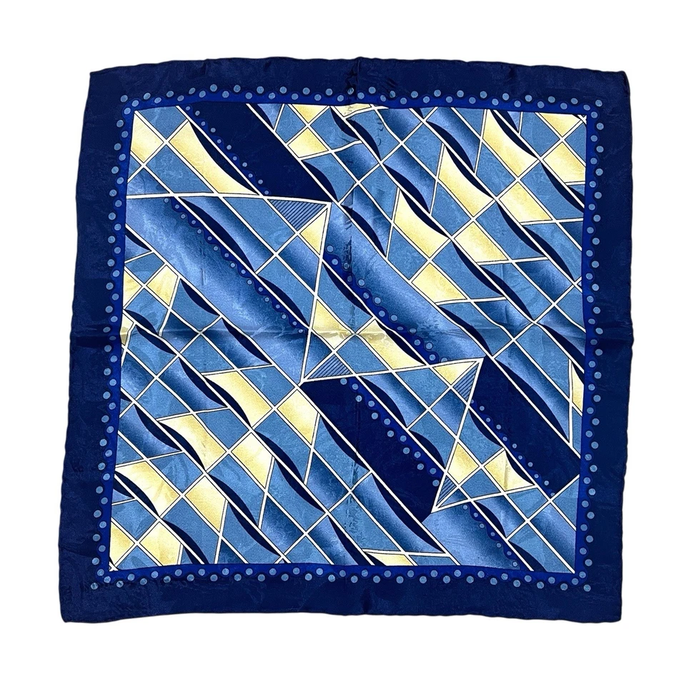 Pocket Square 100% Silk Blue & Gold Geometic Pattern Hand Rolled - Image 2 of 3