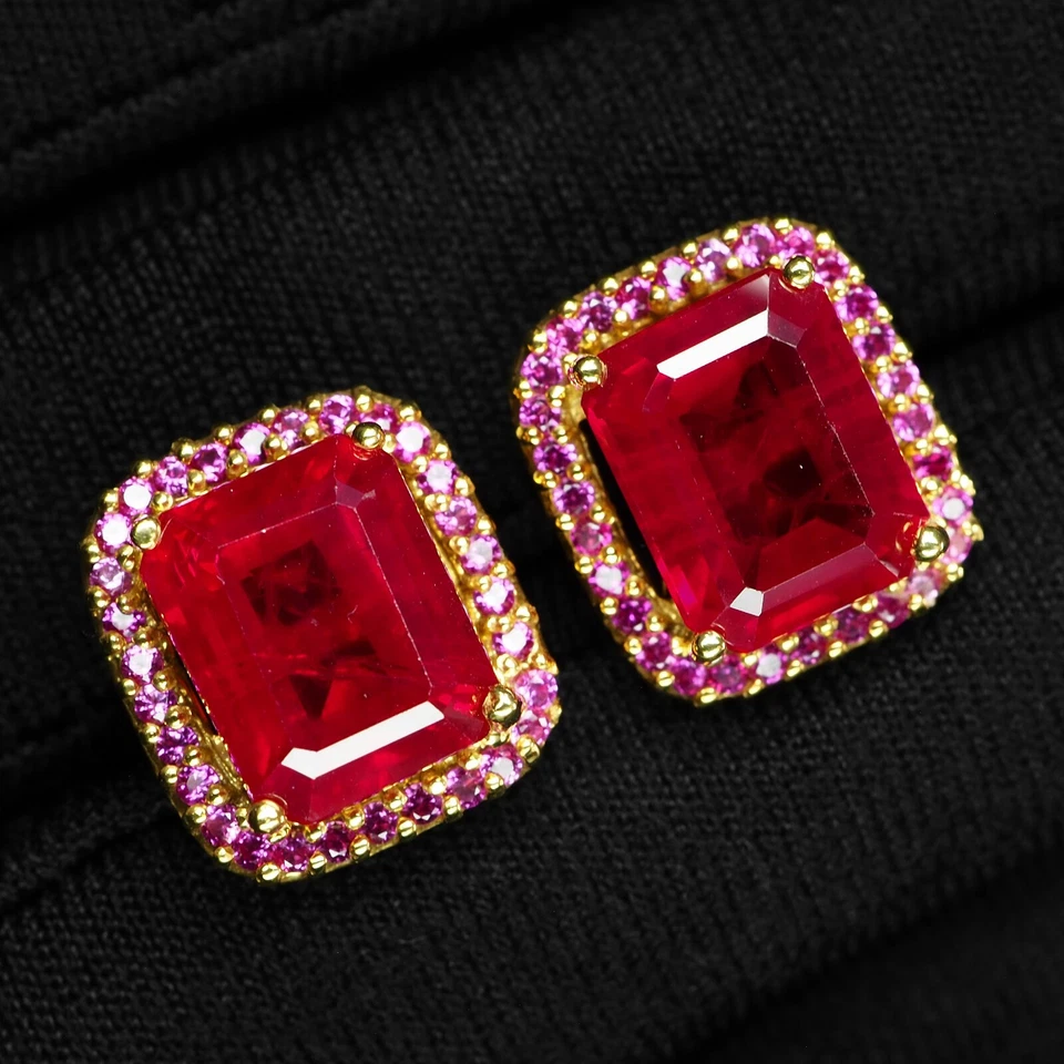 SPLENDIDI ORECCHINI BAGUETTE RUBINO ROSSO ARGENTO STERLING 925 PLACCATO ORO 24K - Immagine 2 di 4
