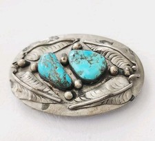 Vintage Native Signed JM Nickel Silver  Turquoise Leaf Belt Buckle 3"