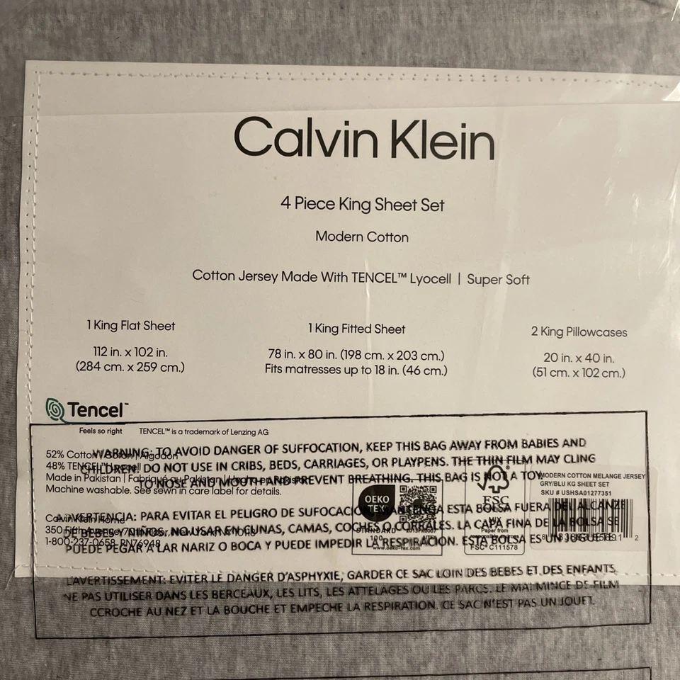 Juego de sábanas Calvin Klein 4 piezas King moderno algodón malange jersey gris/azul  Foto 4 de 4