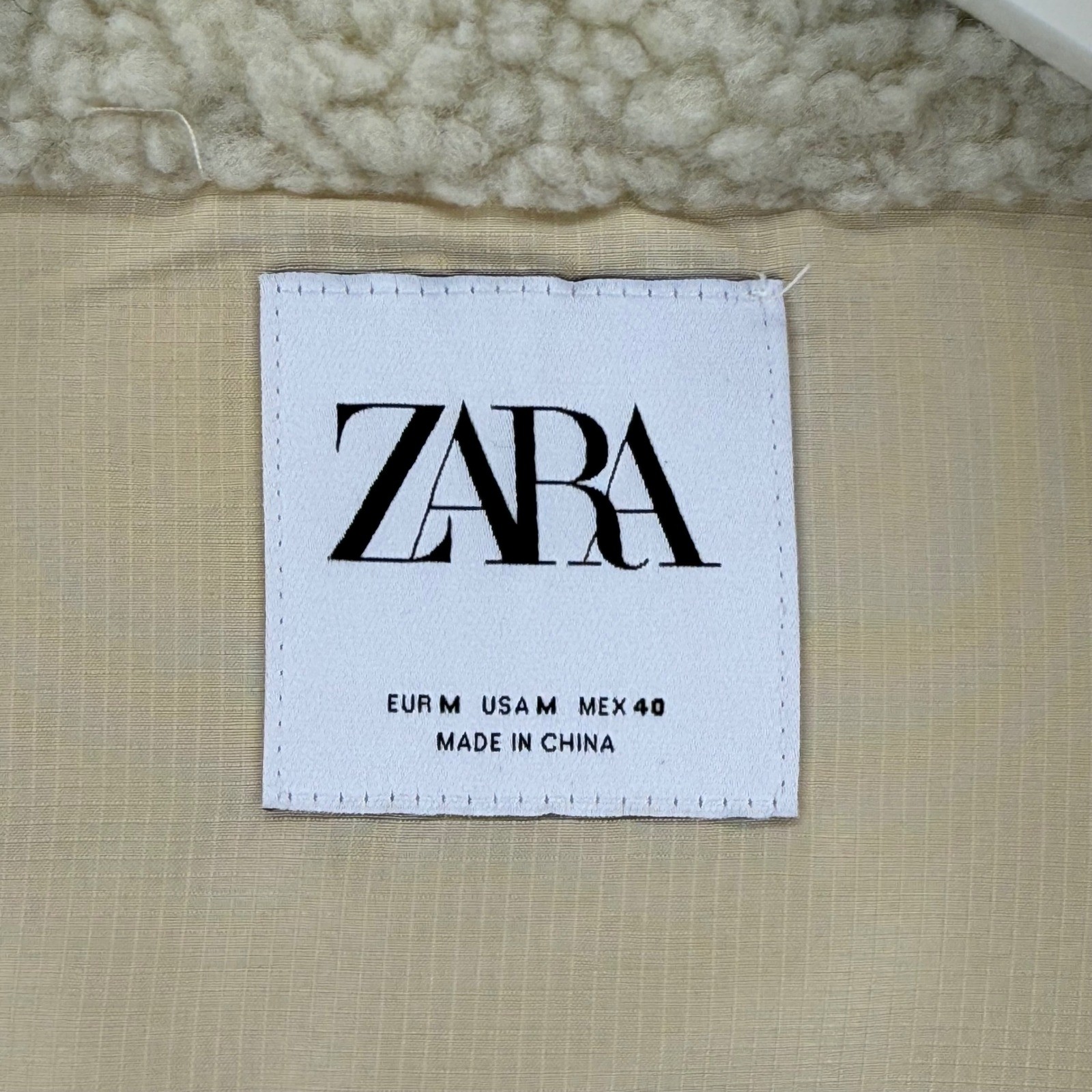 ZARA Sherpa Fleece Jacket Beige Full Zip Pockets Mock Neck Women's M image 6