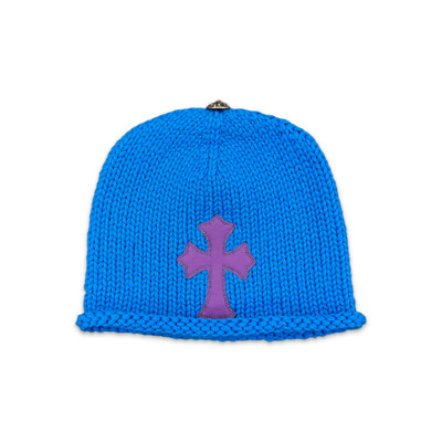 Knitted Purple Leather Cross Beanie ''Blue''