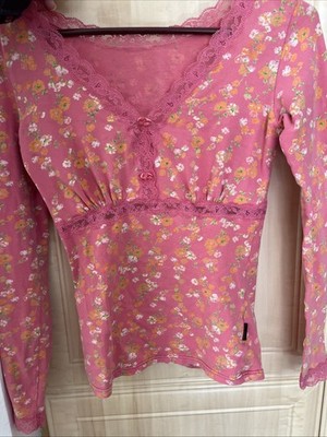 Y2K Pierre Cardin Pink Floral Lace Long Sleeve Dainty Bow Top Size Medium