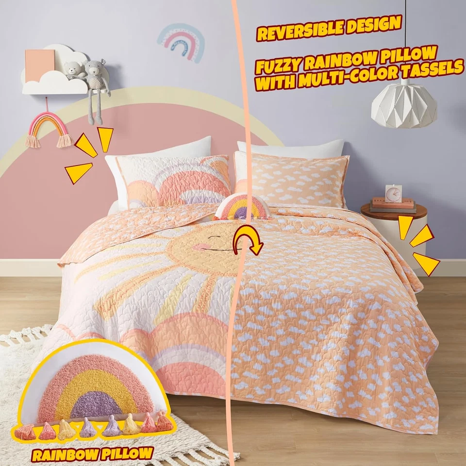 Kids Queen Bedding Set Cotton Sun Full Size Quilt Sets for Girls Rainbow & Cloud - Image 2 of 4
