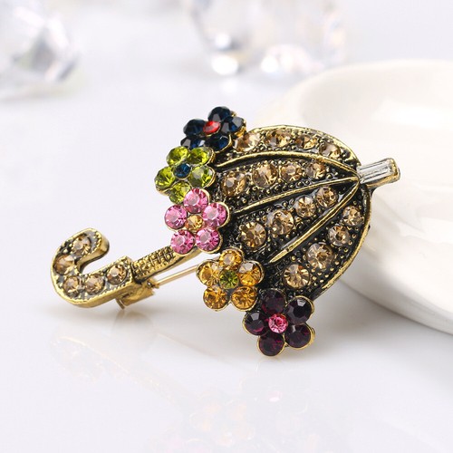 vintage cute umbrella alloy colored rhinestone brooch pin bronzed women's gift - Picture 3 of 6