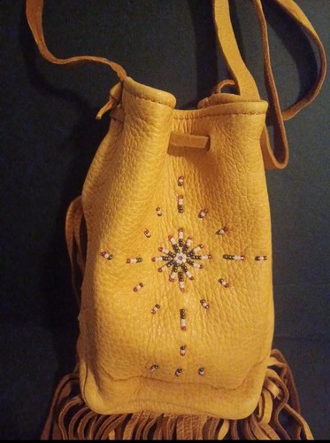 Handgefertigte Handtasche/Tasche der amerikanischen Ureinwohner Perlen Fransen Buckskin Leder klein Vintage - Bild 2 von 4