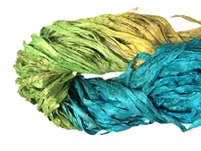 Recycled Sari Silk Ribbon Yarn Blue Cream shades