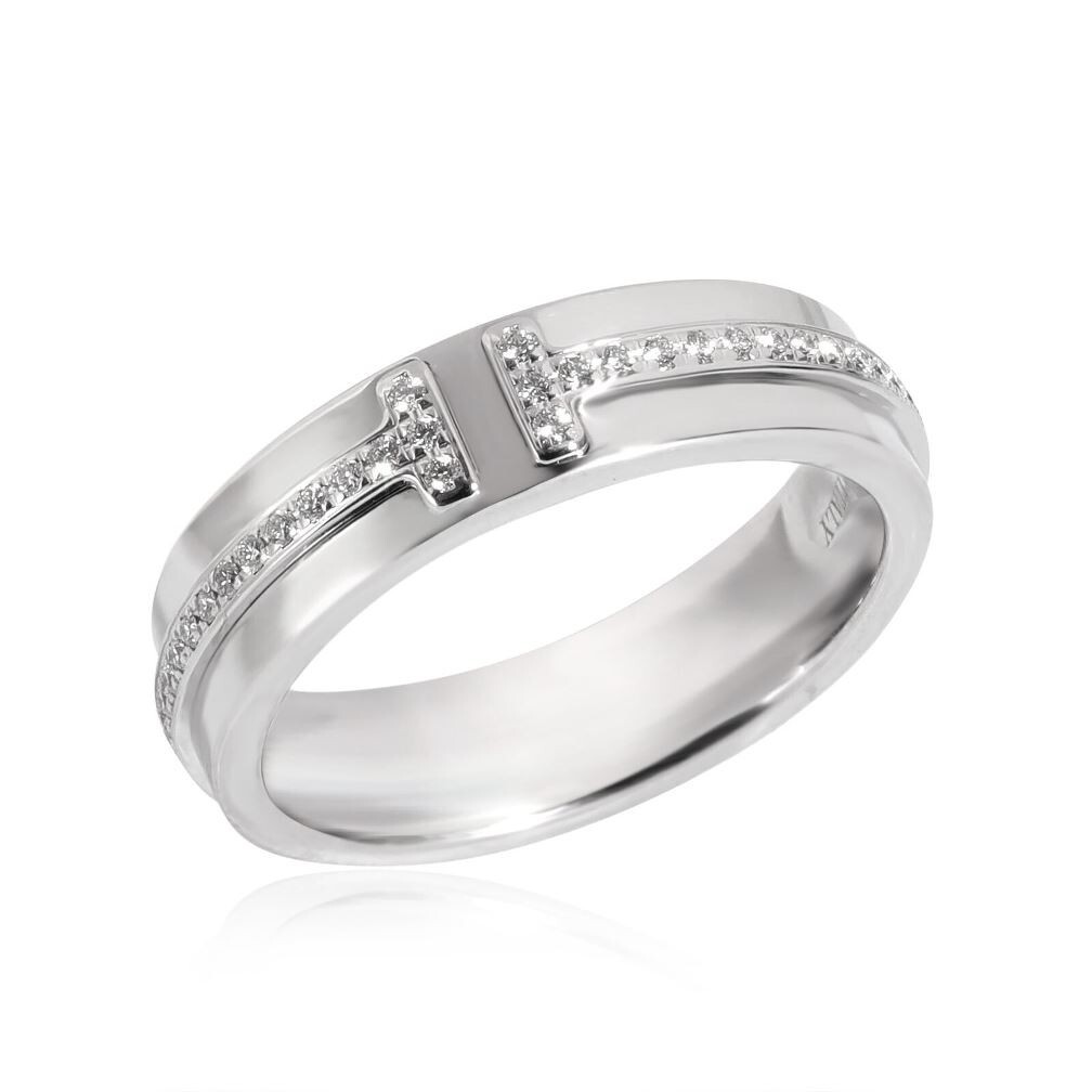TIFFANY 18K White Gold Wide Diamond T Ring