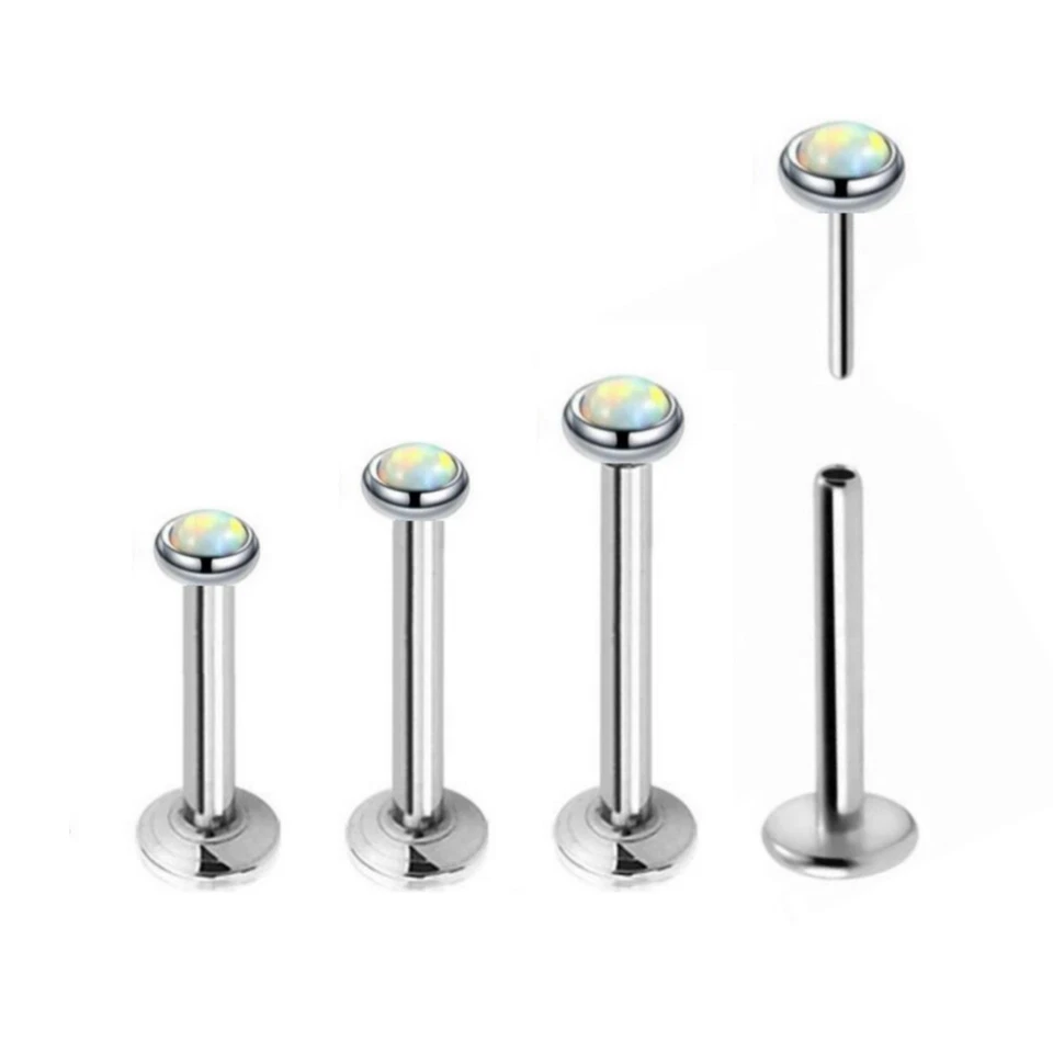 PAIR 14G PUSH IN 4MM FLAT OPAL THREADLESS STEEL LABRET TRAGUS EAR RING ROOK STUD