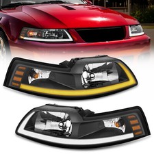 Pair Black Headlight Wled Drl Sequential Turn Light For 1999-2004 Ford Mustang