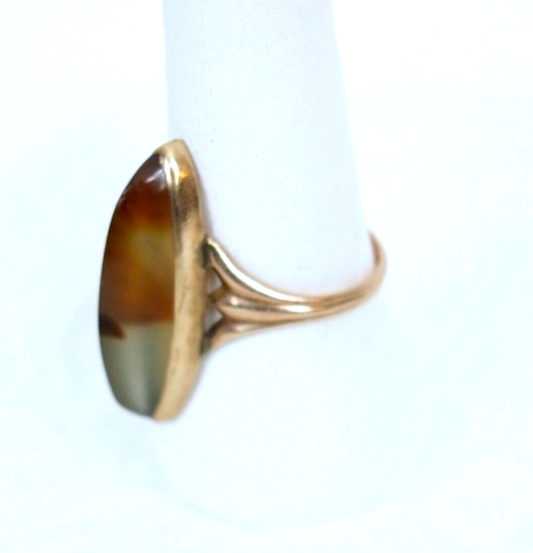 30's Antique 10k Rose Gold Long Banded Agate Miller-Steinau Navette Ring - Picture 2 of 5