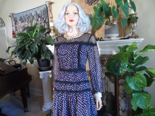 New Diane Von Furstenberg Navy Blue Multi 100% Silk Chiffon Peasant Dress Size 2 - Picture 7 of 24