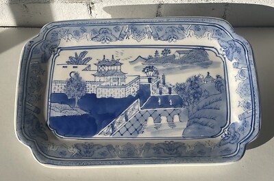 Schöne alte chinesische blau & weiße Keramik handbemalte Servierplatte
