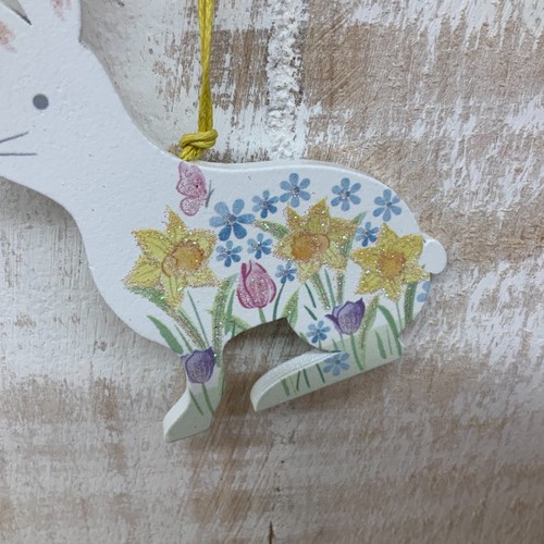 Wood Hanging Bunny Rabbit With Daffodils Flower Easter Decoration Gisela Graham - Picture 2 of 4