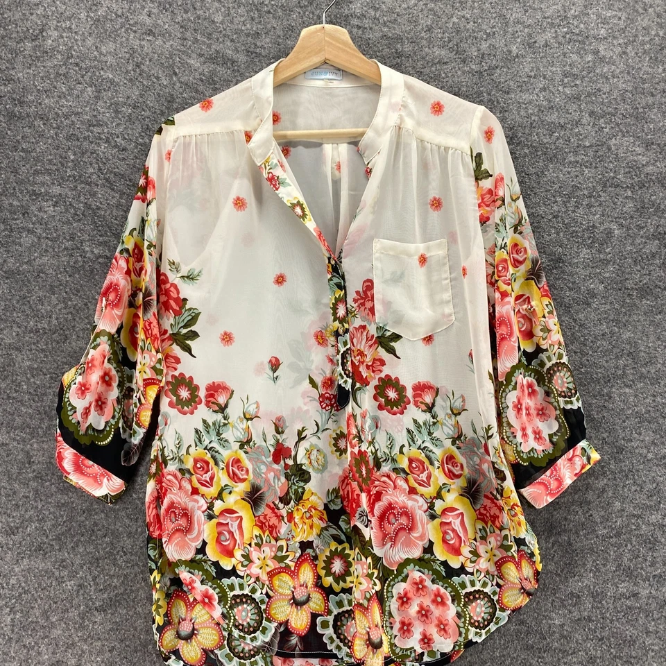 Jun & Ivy блузка женщин S маленький белый цветочный v-образным вырезом 3/4 рукав чистый карманы - Изображение 3 из 4