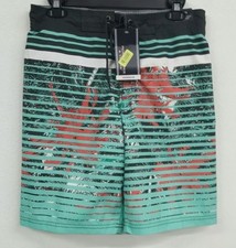 Roundtree  Yorke Grey Aqua Palm Tree Striped Men's Swimwear NWT 49.50 S M XL