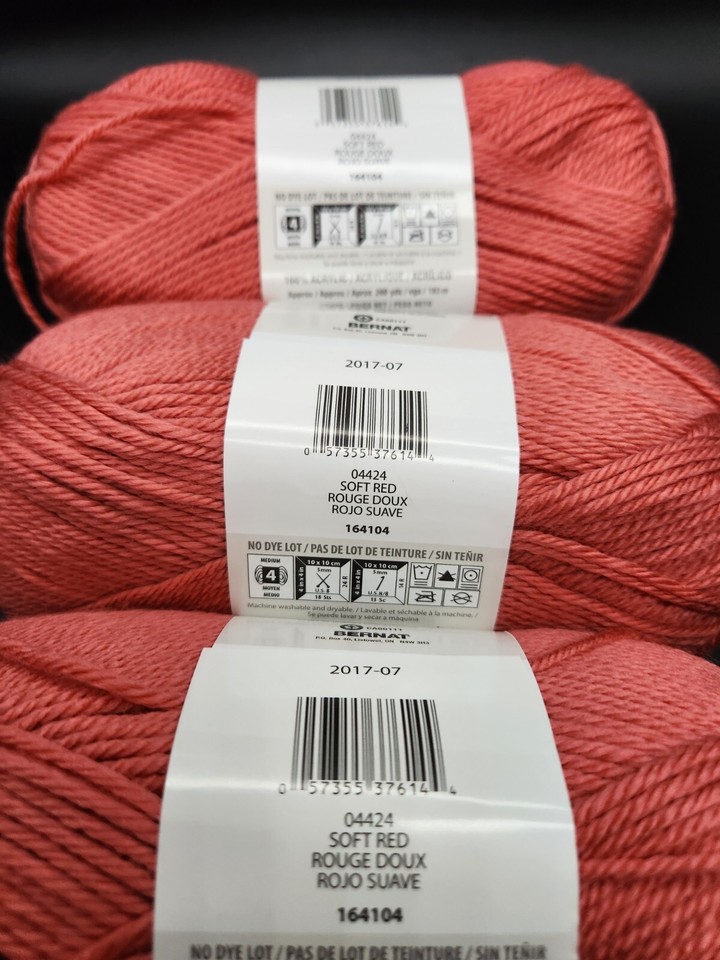 Lot of 3 BERNAT Satin Yarn Soft Red 04424 3.5 Oz Skeins Same Dye Lot
