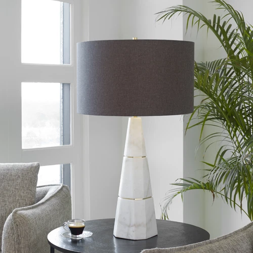 Luxe Tapered White Marble Pyramid Table Lamp 29 in Faceted Gray Veined Brass - Picture 2 of 10