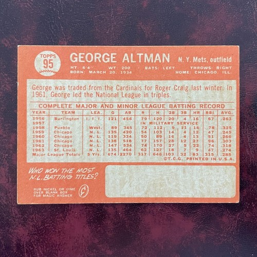1964 Topps Set GEORGE ALTMAN AUTOGRAPH CARD #95 N.Y. METS - NR-MINT *HIGH GRADE* - Picture 2 of 2
