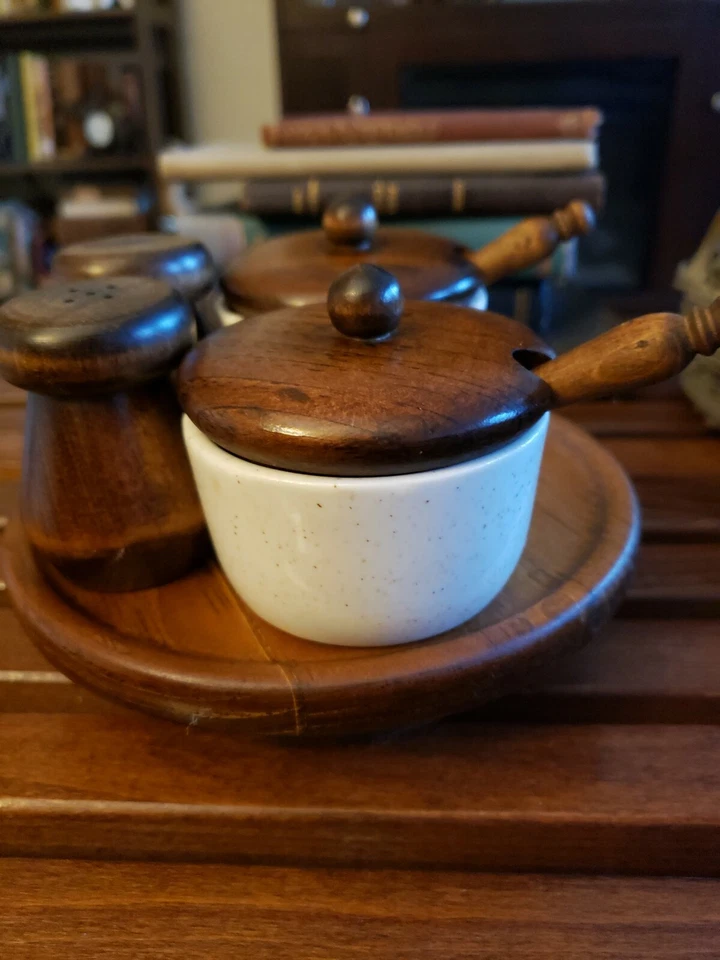 Vintage Wood & porcelain Condiment set on Lazy Susan - Image 2 of 4
