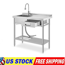 Stainless Steel Utility Sink w/Right Workbench Drawer Fauct Freestanding Sink