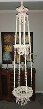 Vintage Macram  Hanging Plant Holder 2-Tier Boho Cream w/ Purple Accent Handmade