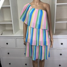 Women's Tiered Pleated Dress Rainbow Stripe