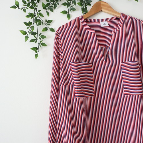 Cabi Red White Blue Striped Long Sleeve Popover Top Size Large - Picture 2 of 4