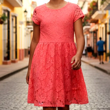 Cherokee Girl's XL Coral Lace Dress Lined Cap Sleeve