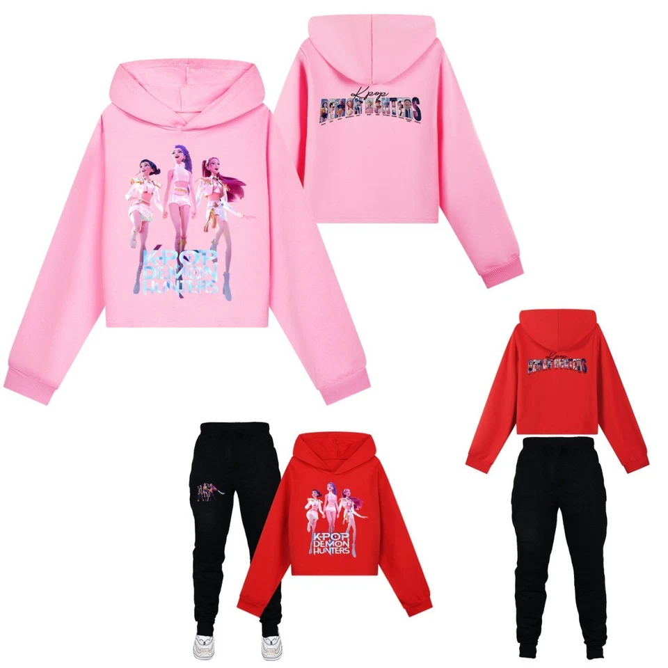 girls KPop demon hunters Casual Sweatshirt Pullover Crop Top Pants Outfit Sets - Image 2 of 4