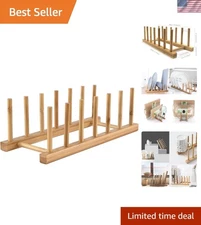 Bamboo Wooden Dish Rack, Vertical Plate & Lid Organizer - Drying Stand for Di...