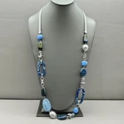 Chico's Blue Resin Link Statement Necklace Silver Faux Suede Adjustable 12-28"