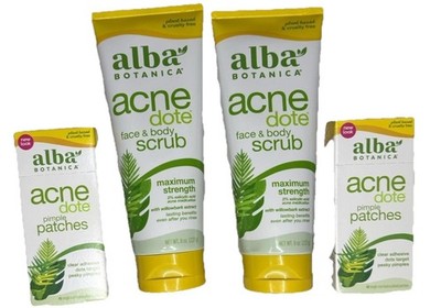 2X Alba Botanica Acne Dote Face & Body Scrub - 8oz + Pimple Patches Lot Of 4!