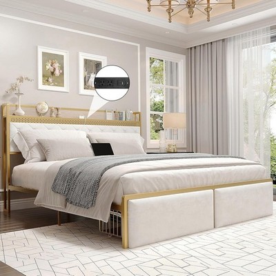 Gold King Size Bed Frame with LED Lights and Charging Station and 2 Drawers
