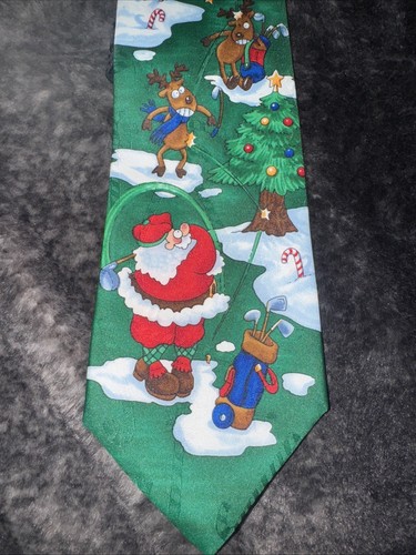 VTG YULE TIE GREETINGS Santa Golfing Holiday Hallmark Mens Tie - Picture 2 of 8