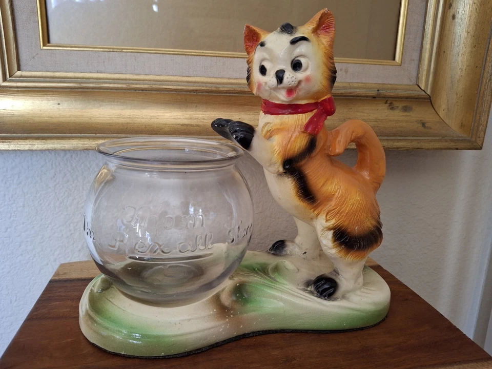 Suporte para tigela de peixes de aquário antigo vintage dos anos 40 e tigela publicitária original Rexall - Imagem 2 de 4