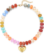Chunky Heart Necklace for Women, Colorful Acrylic Beaded Statement Puff Heart Ne