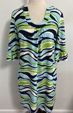 Jude Connally Megan Green Blue Wave Print Bell Sleeve Tunic Shift Dress Medium