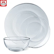 12-Piece Clear Glass Dinnerware Set 4 Modern Plates Bowls Dishwasher Safe New