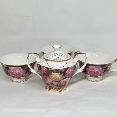 Yamasen Gold Collection Japan Set Of 3 Cups Three Saucers And Covered Sugar Dish