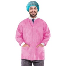Disposable Lab Jackets SMS 50gsm Snap Front Pink 100 Count Large 31 in
