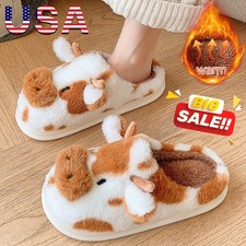 Women Cute Cow Print Slippers Plush Lined Winter Warm Cozy Non-Slip Soft Lining